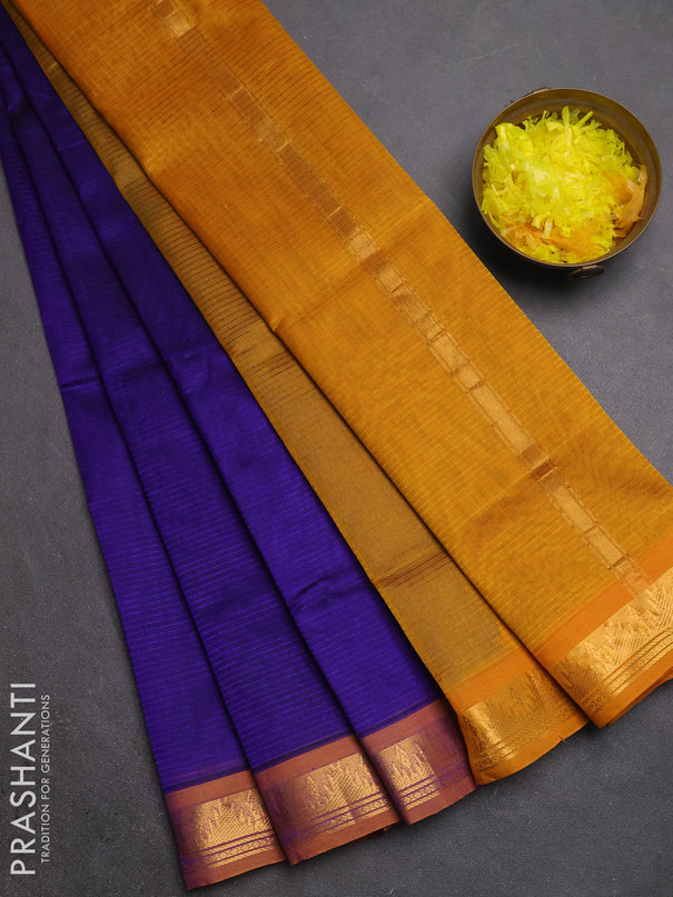 Silk cotton saree royal blue and mustard yellow with plain body and temple zari woven border