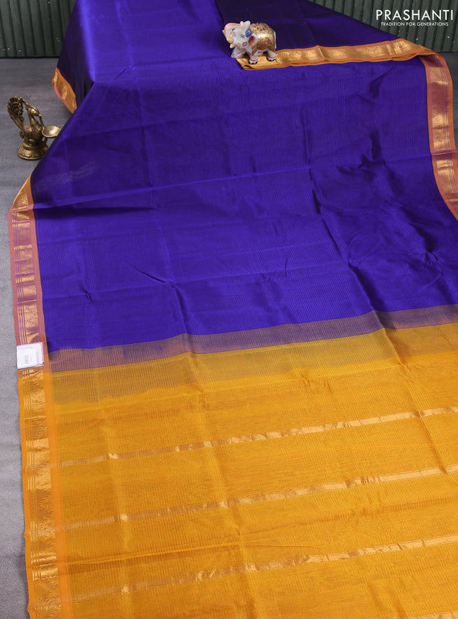 Silk cotton saree royal blue and mustard yellow with plain body and temple zari woven border