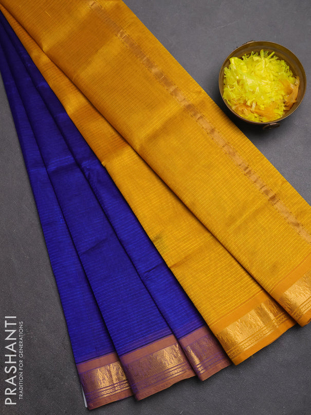 Silk cotton saree royal blue and mustard yellow with plain body and temple zari woven border