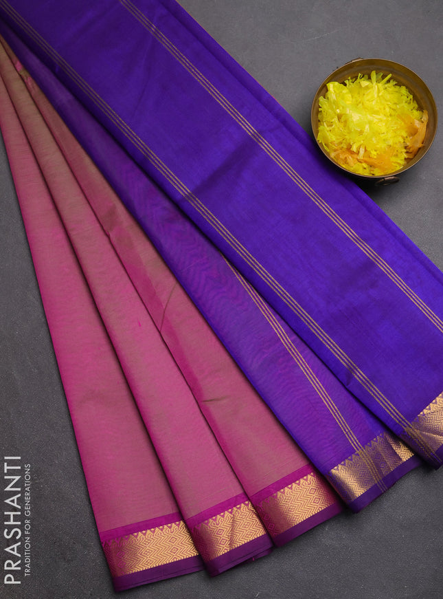 Silk cotton saree magenta pink and violet with plain body and zari woven border