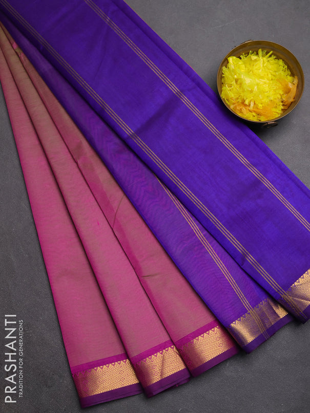 Silk cotton saree magenta pink and violet with plain body and zari woven border