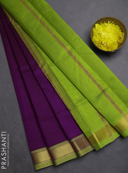 Silk cotton saree purple and light green with plain body and zari woven border