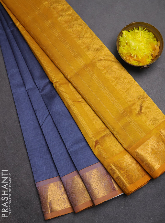 Silk cotton saree dark grey and mustard yellow with plain body and temple zari woven border