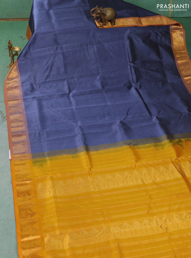 Silk cotton saree dark grey and mustard yellow with plain body and temple zari woven border