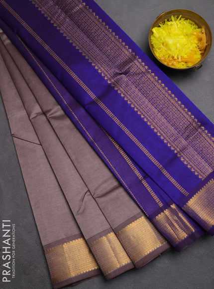 Silk cotton saree grey and royal blue with plain body and temple zari woven border