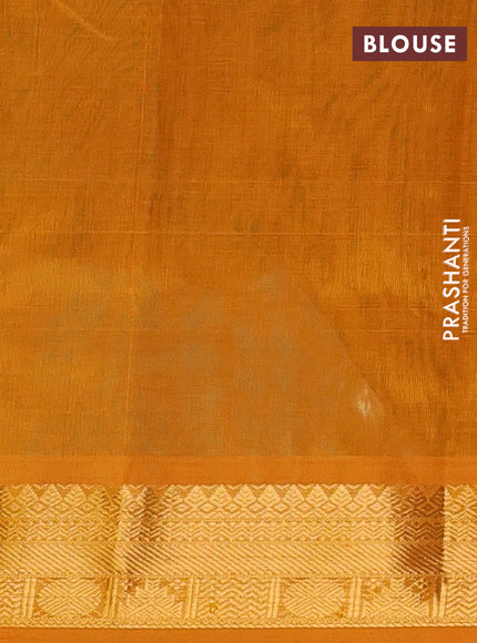 Silk cotton saree bottle green and mustard yellow with plain body and temple zari woven border