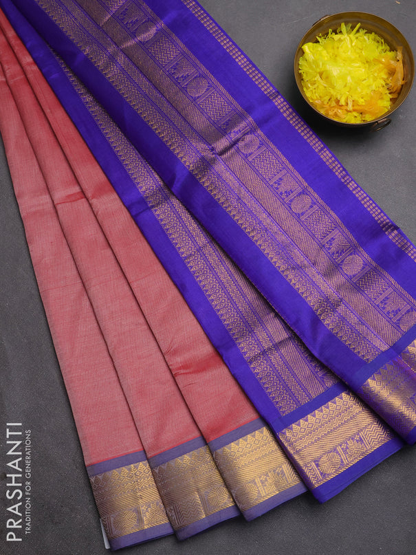 Silk cotton saree maroon and violet with plain body and temple zari woven border