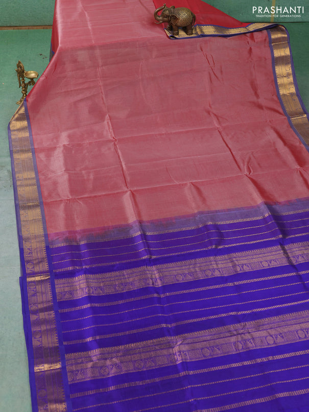Silk cotton saree maroon and violet with plain body and temple zari woven border