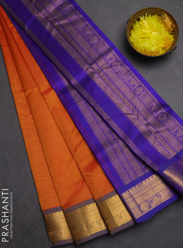 Silk cotton saree sunset orange and violet with plain body and zari woven border