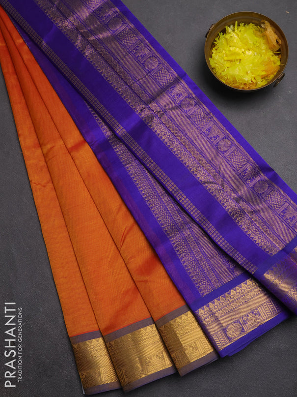 Silk cotton saree sunset orange and violet with plain body and zari woven border