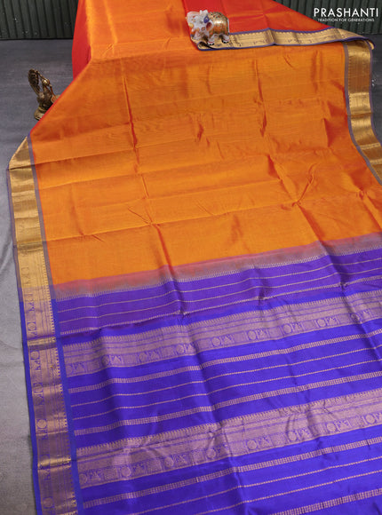 Silk cotton saree sunset orange and violet with plain body and zari woven border