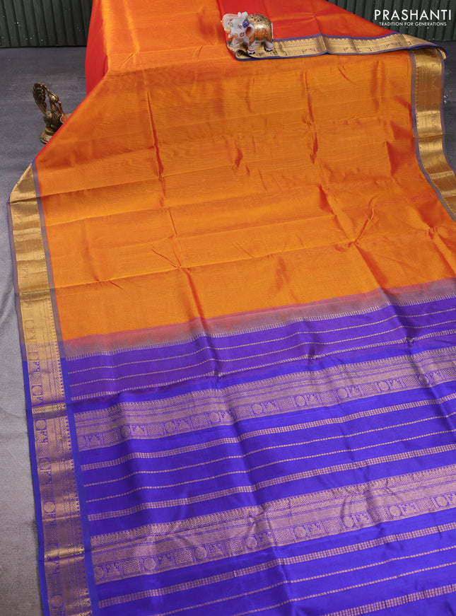 Silk cotton saree sunset orange and violet with plain body and zari woven border