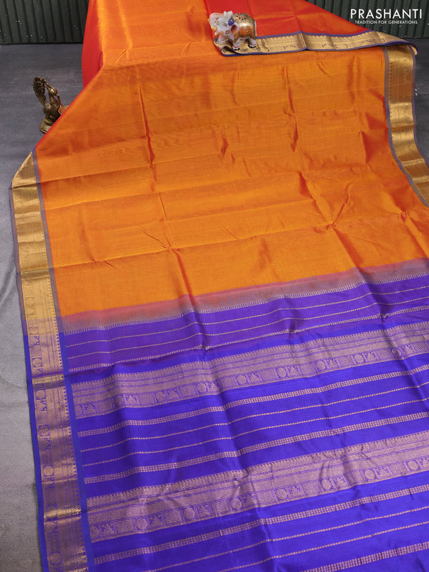 Silk cotton saree sunset orange and violet with plain body and zari woven border