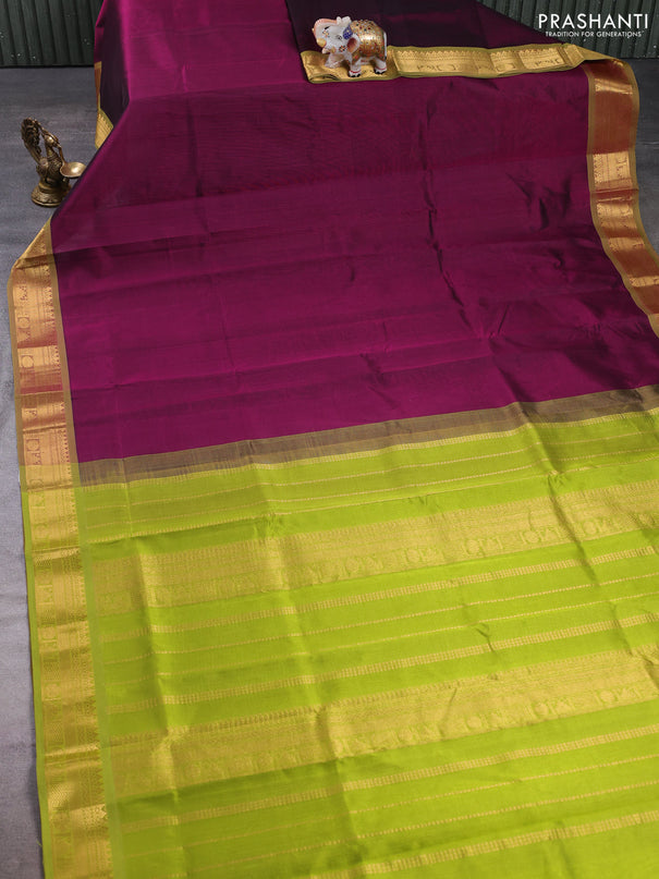 Silk cotton saree deep wine and light green with plain body and zari woven border