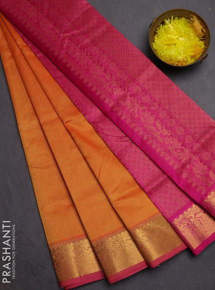 Silk cotton saree sunset orange and pink with plain body and zari woven border