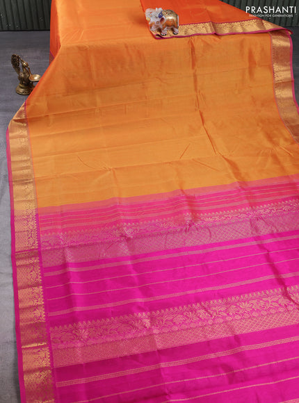 Silk cotton saree sunset orange and pink with plain body and zari woven border