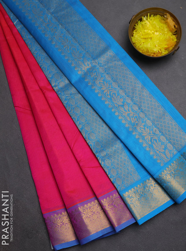 Silk cotton saree candy pink and cs blue with plain body and zari woven border