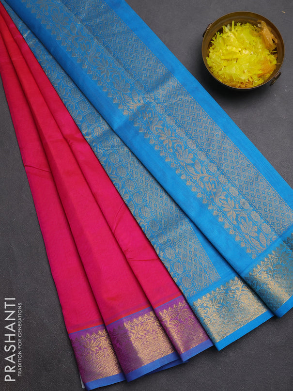 Silk cotton saree candy pink and cs blue with plain body and zari woven border