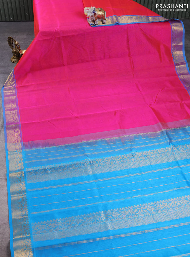 Silk cotton saree candy pink and cs blue with plain body and zari woven border