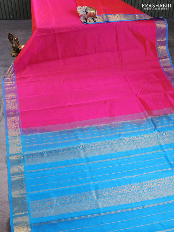 Silk cotton saree candy pink and cs blue with plain body and zari woven border