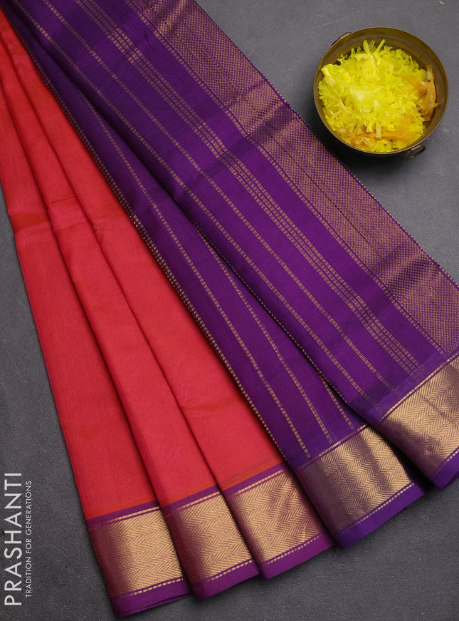 Silk cotton saree red and purple with plain body and zari woven border