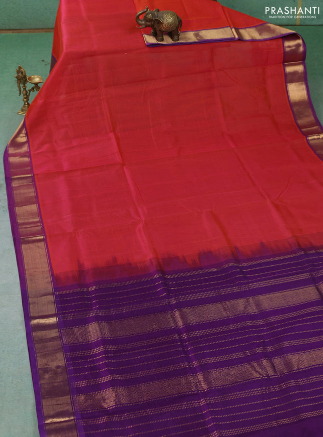 Silk cotton saree red and purple with plain body and zari woven border
