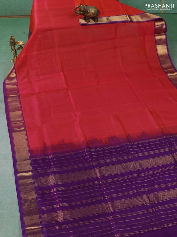 Silk cotton saree red and purple with plain body and zari woven border