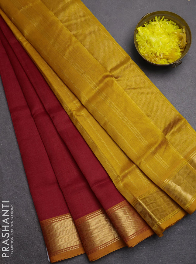 Silk cotton saree red and sunset orange with plain body and zari woven border