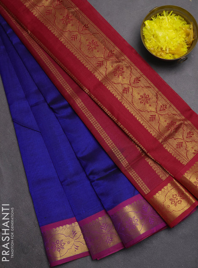 Silk cotton saree royal blue and red with plain body and zari woven border