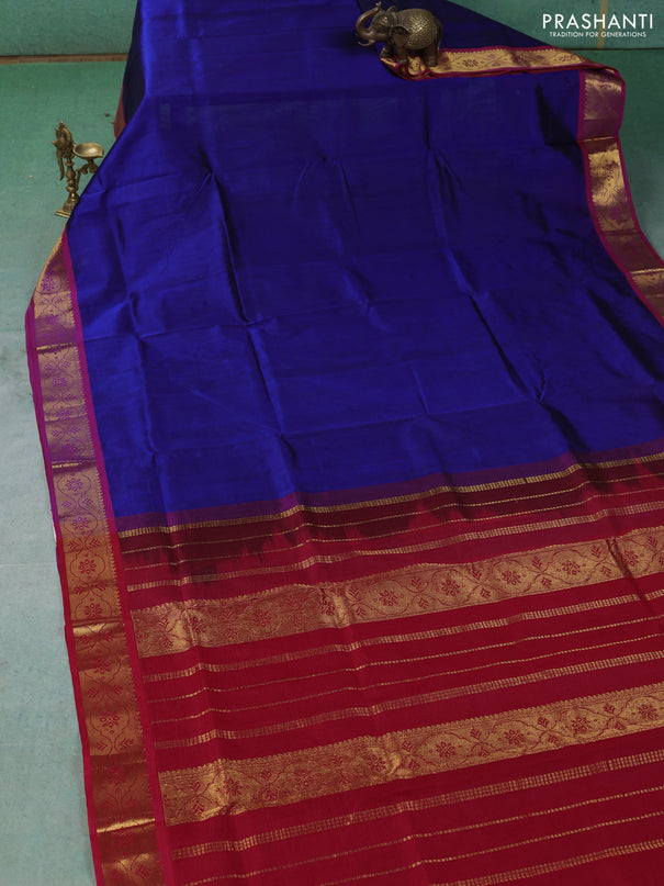 Silk cotton saree royal blue and red with plain body and zari woven border