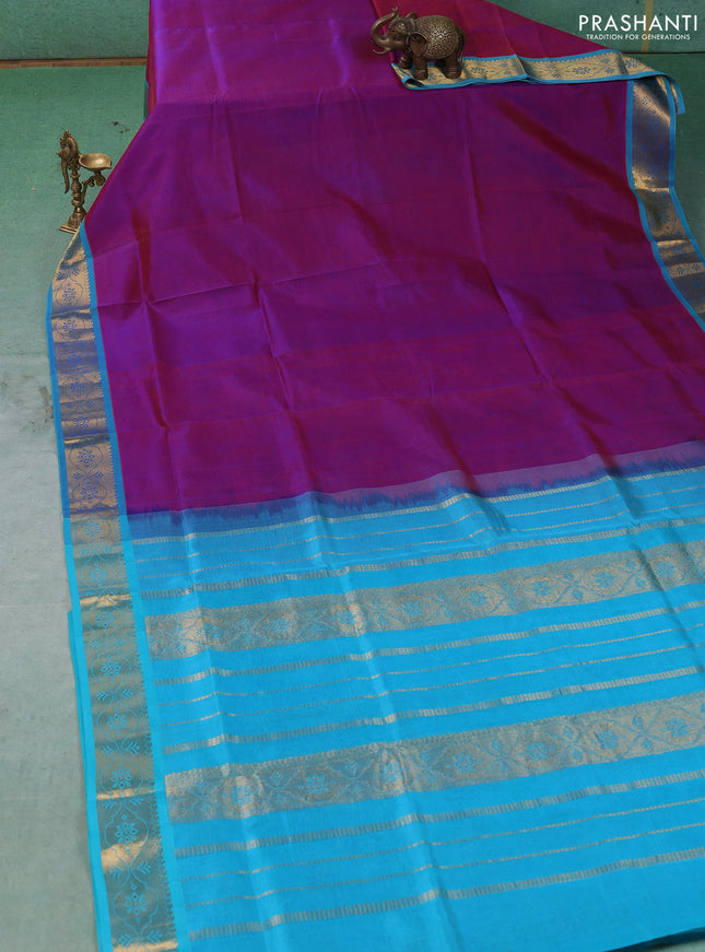 Silk cotton saree purple and cs blue with plain body and zari woven border