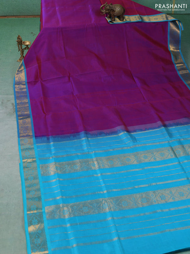 Silk cotton saree purple and cs blue with plain body and zari woven border
