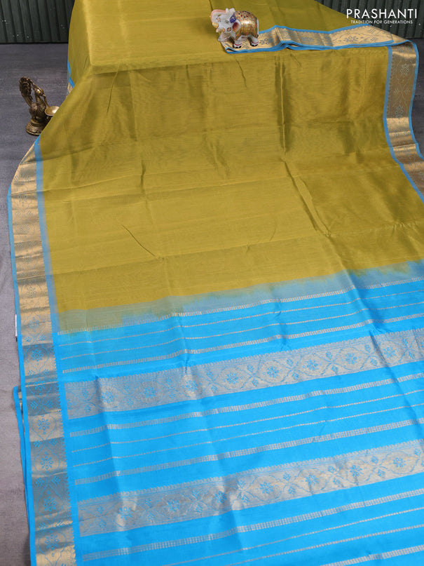 Silk cotton saree mehendi green and cs blue with plain body and zari woven border