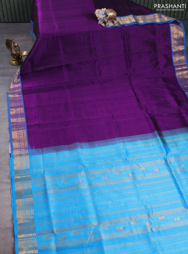Silk cotton saree purple and cs blue with plain body and zari woven border
