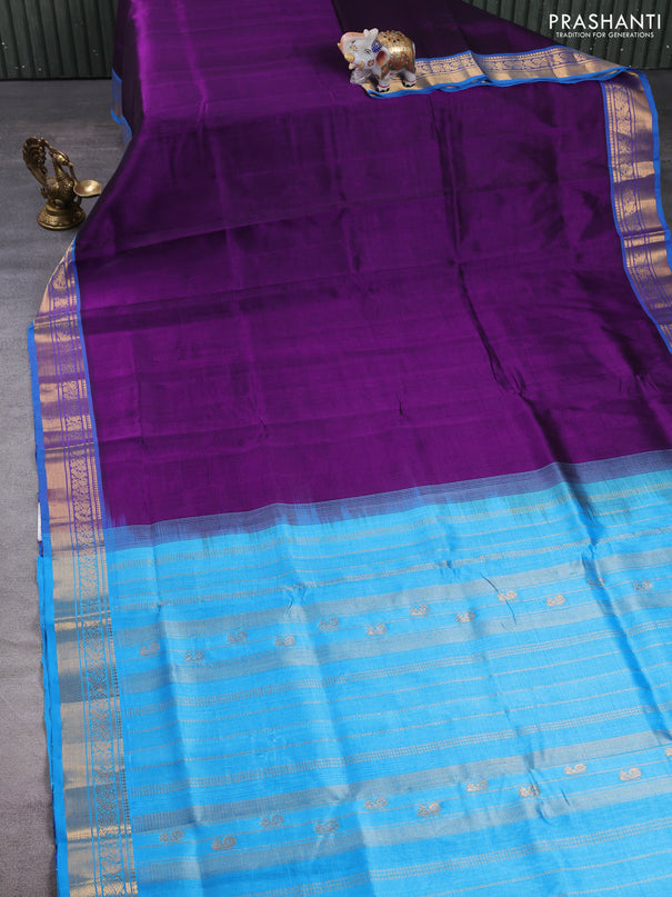 Silk cotton saree purple and cs blue with plain body and zari woven border