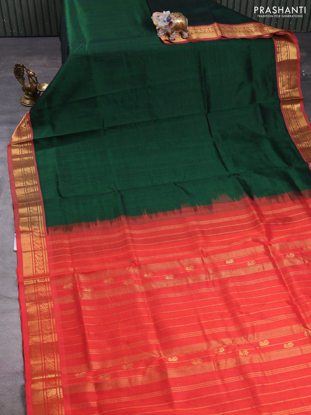 Silk cotton saree bottle green and red with plain body and zari woven border