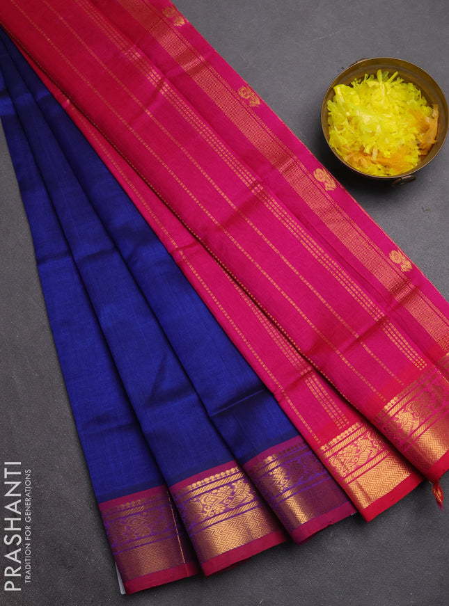 Silk cotton saree navy blue and pink with plain body and zari woven border