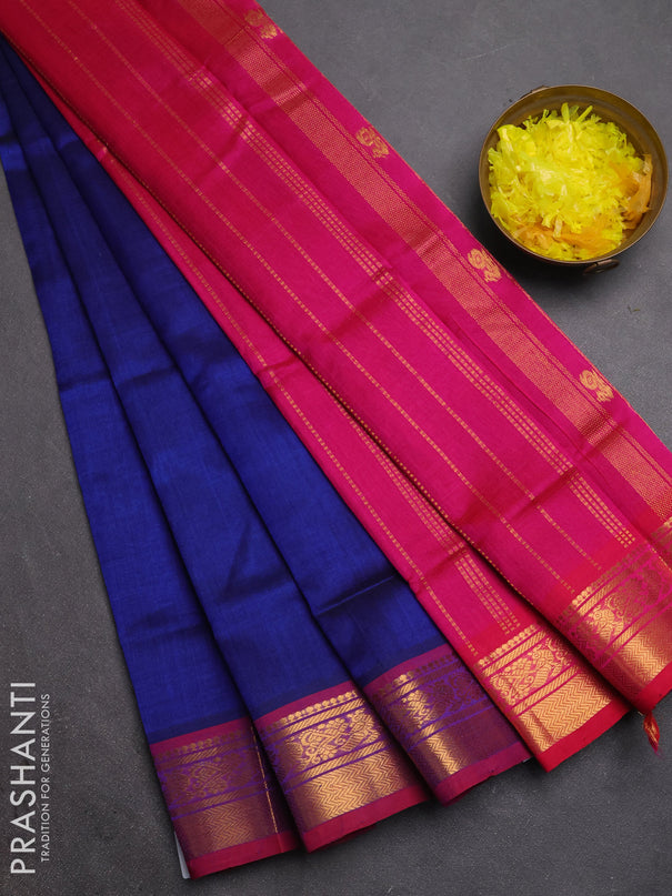 Silk cotton saree navy blue and pink with plain body and zari woven border