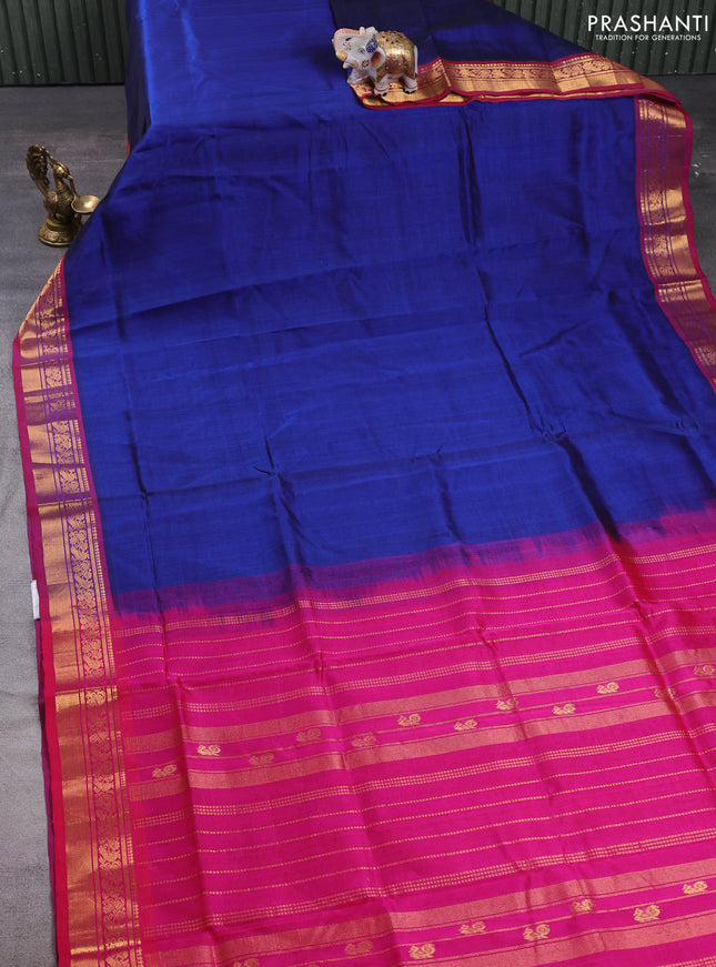 Silk cotton saree navy blue and pink with plain body and zari woven border