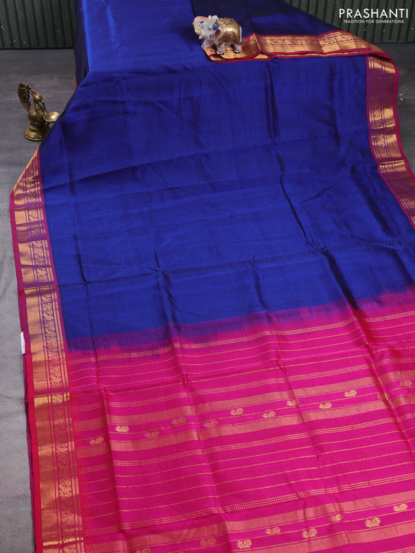 Silk cotton saree navy blue and pink with plain body and zari woven border