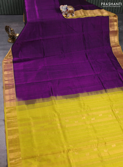 Silk cotton saree purple and lime green with plain body and zari woven border