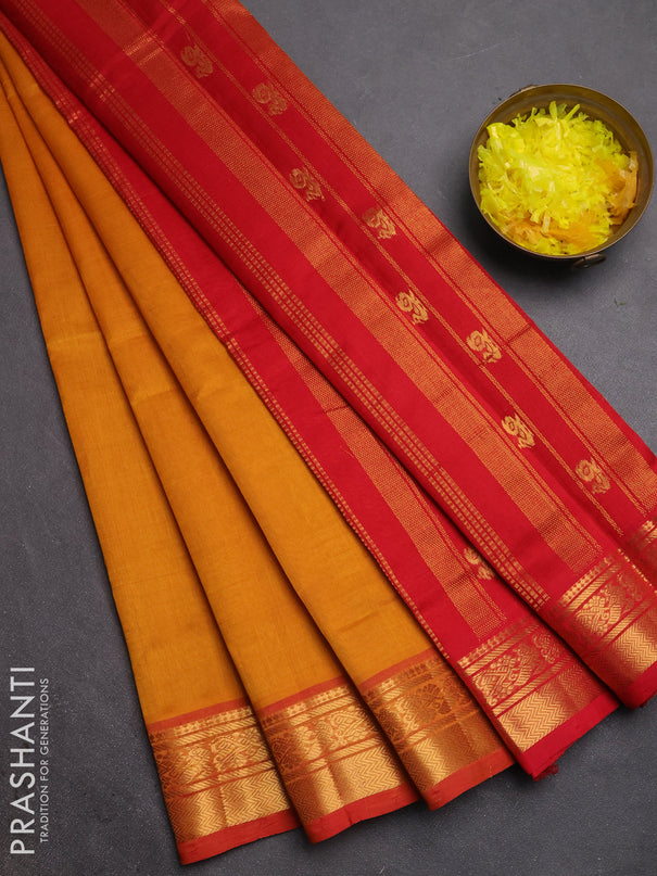 Silk cotton saree mustard yellow and red with plain body and zari woven border