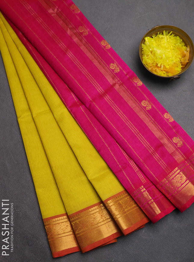 Silk cotton saree lime yellow and pink with plain body and zari woven border