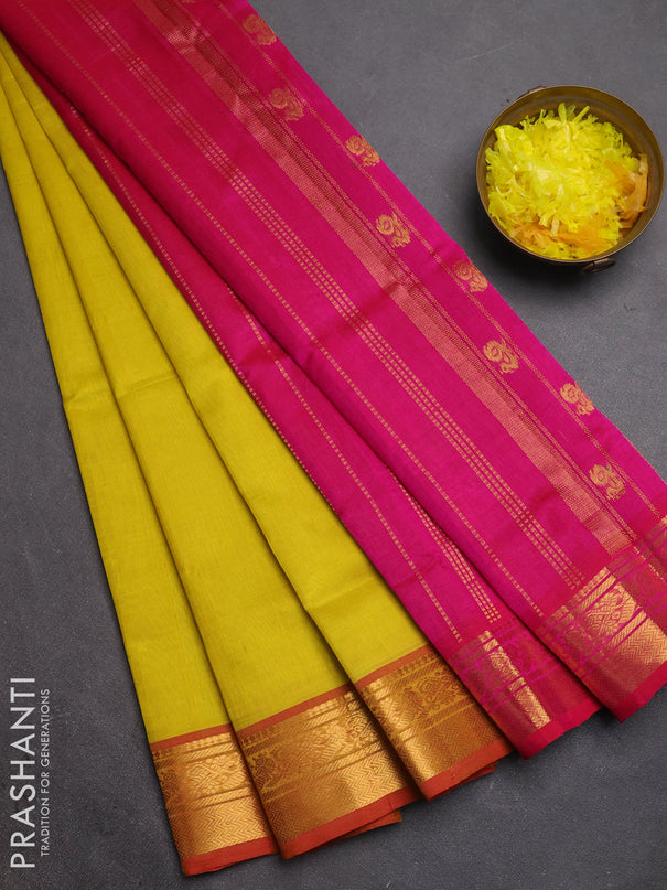 Silk cotton saree lime yellow and pink with plain body and zari woven border