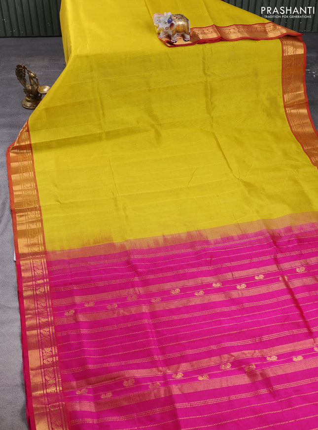 Silk cotton saree lime yellow and pink with plain body and zari woven border