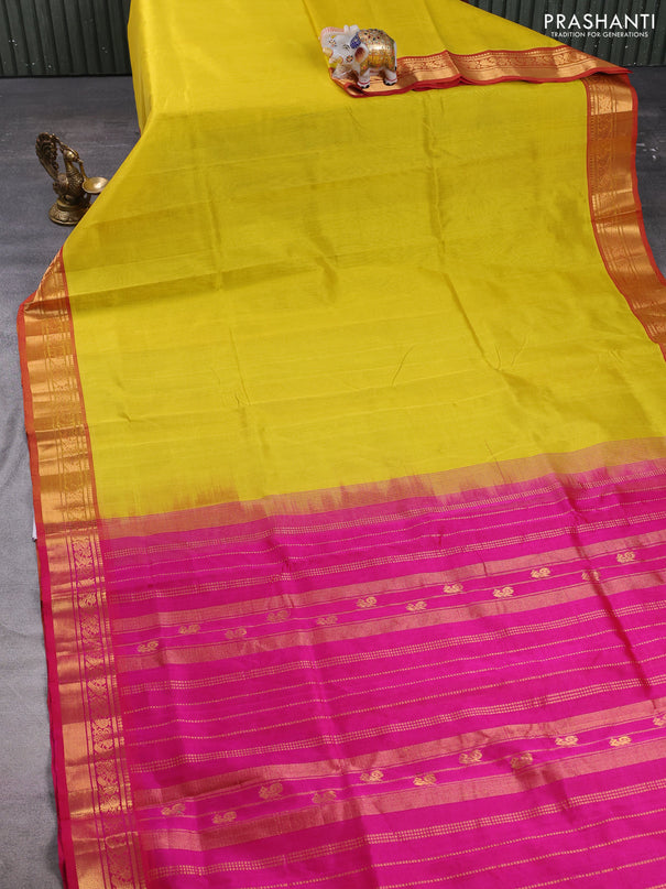 Silk cotton saree lime yellow and pink with plain body and zari woven border