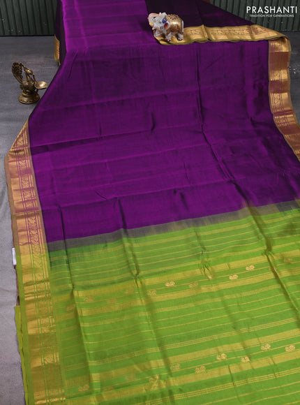 Silk cotton saree purple and light green with plain body and zari woven border
