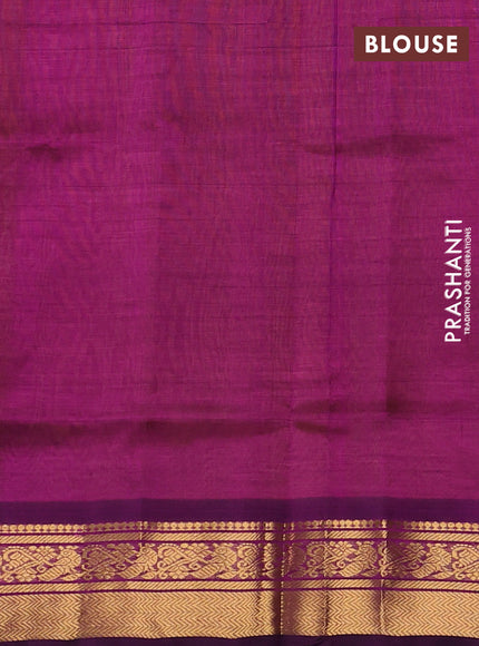 Silk cotton saree mango yellow and purple with plain body and zari woven border