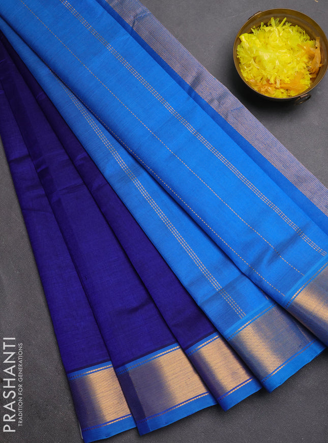 Silk cotton saree blue and cs blue with plain body and zari woven border