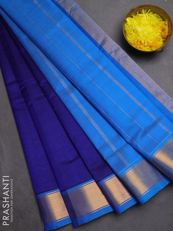 Silk cotton saree blue and cs blue with plain body and zari woven border
